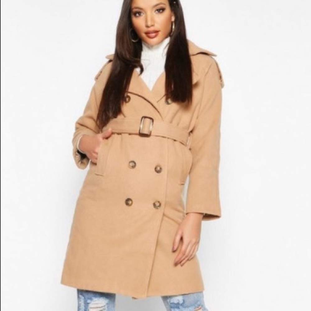 Khaki trench wool coat in camel color. Never worn.